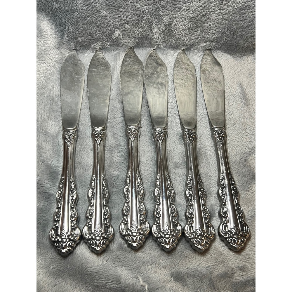 Vintage Silverplate Butter Spreaders USA Set 6 Ornate Rococo Floral Knives